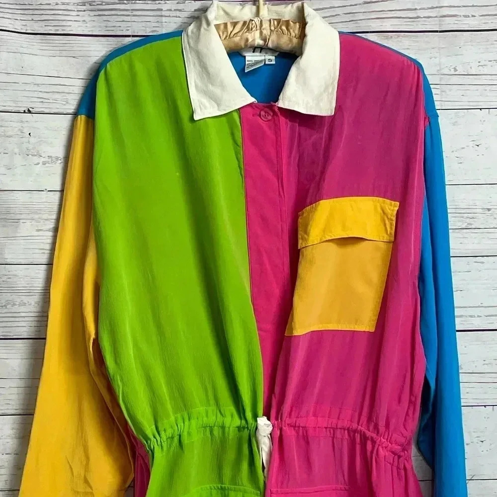 Lightweight Vintage Color block 3/4 Sleeve Silk Button Up Shirt Cinched Waist Sm - Picture 9 of 15